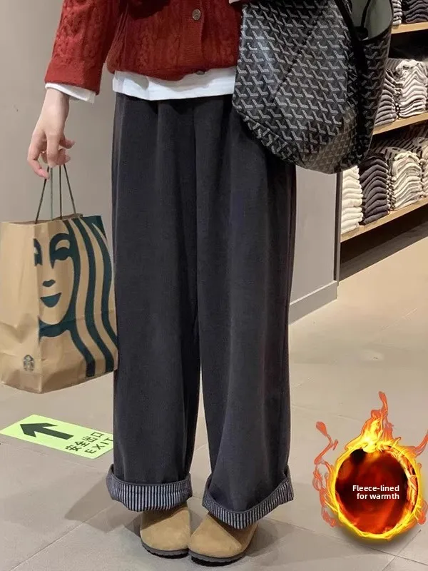 

plus Size Women's Deep Grey Woolen Wide Leg Pants Winter High Waist Loose Slimming Lazy Style Casual Straight Leg Trousers