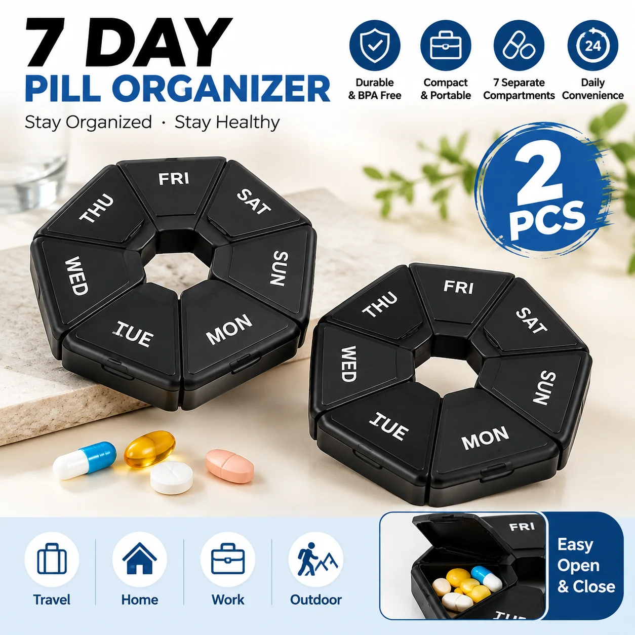 Portable Mini 7 Day Weekly Pill Organizer, Round 7-Slot Travel Medicine Case Daily Vitamin Dispenser