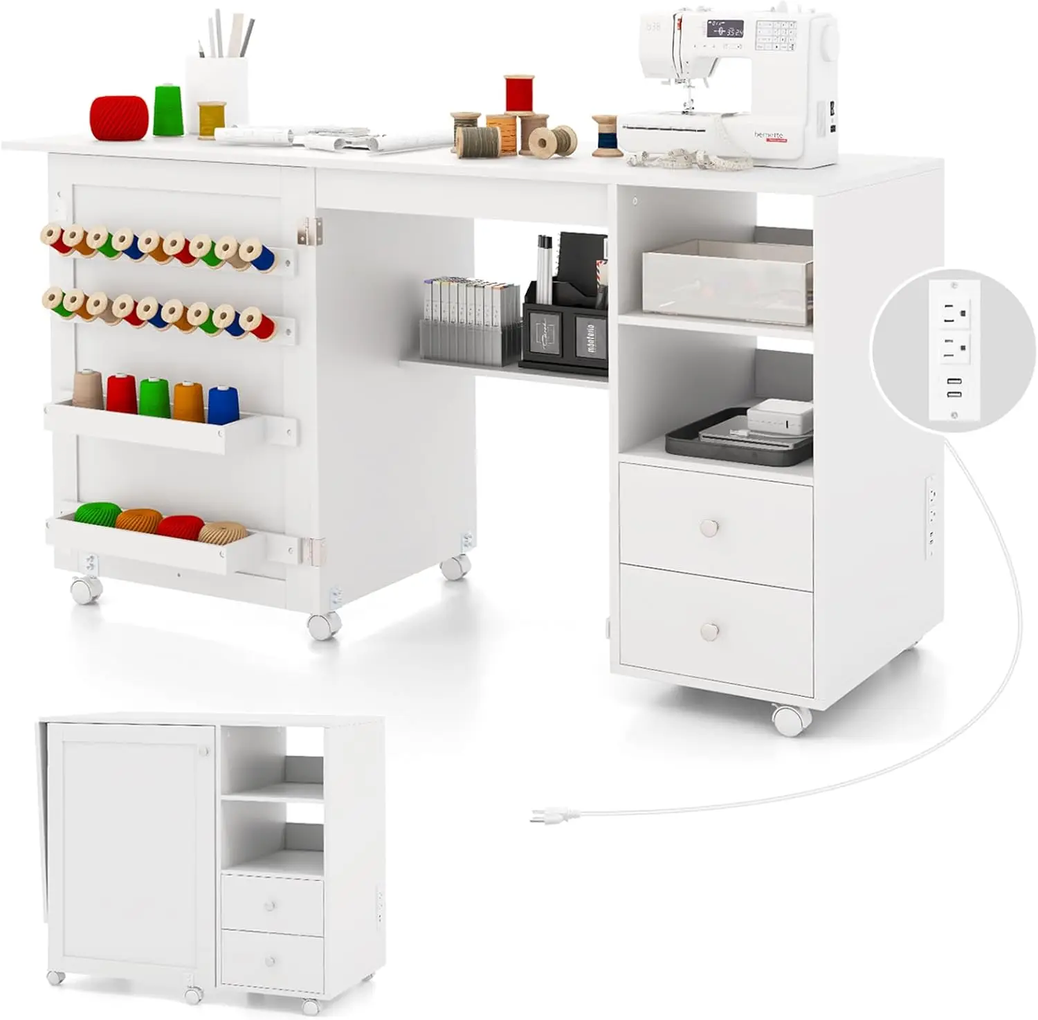 

Folding Sewing Table With Charging Station, Rolling Craft Table With Storage Shelves And Drawers, 18 Pegs, 2 Trays, Foldable