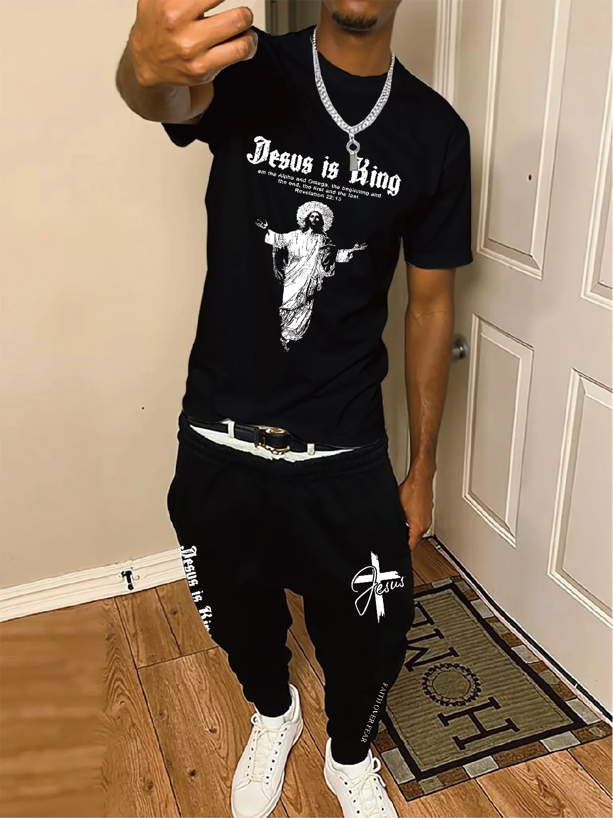 

Short Sleeve Pants Suit Black Anuel AA Real Hasta La Muerte Print Casual Street Style