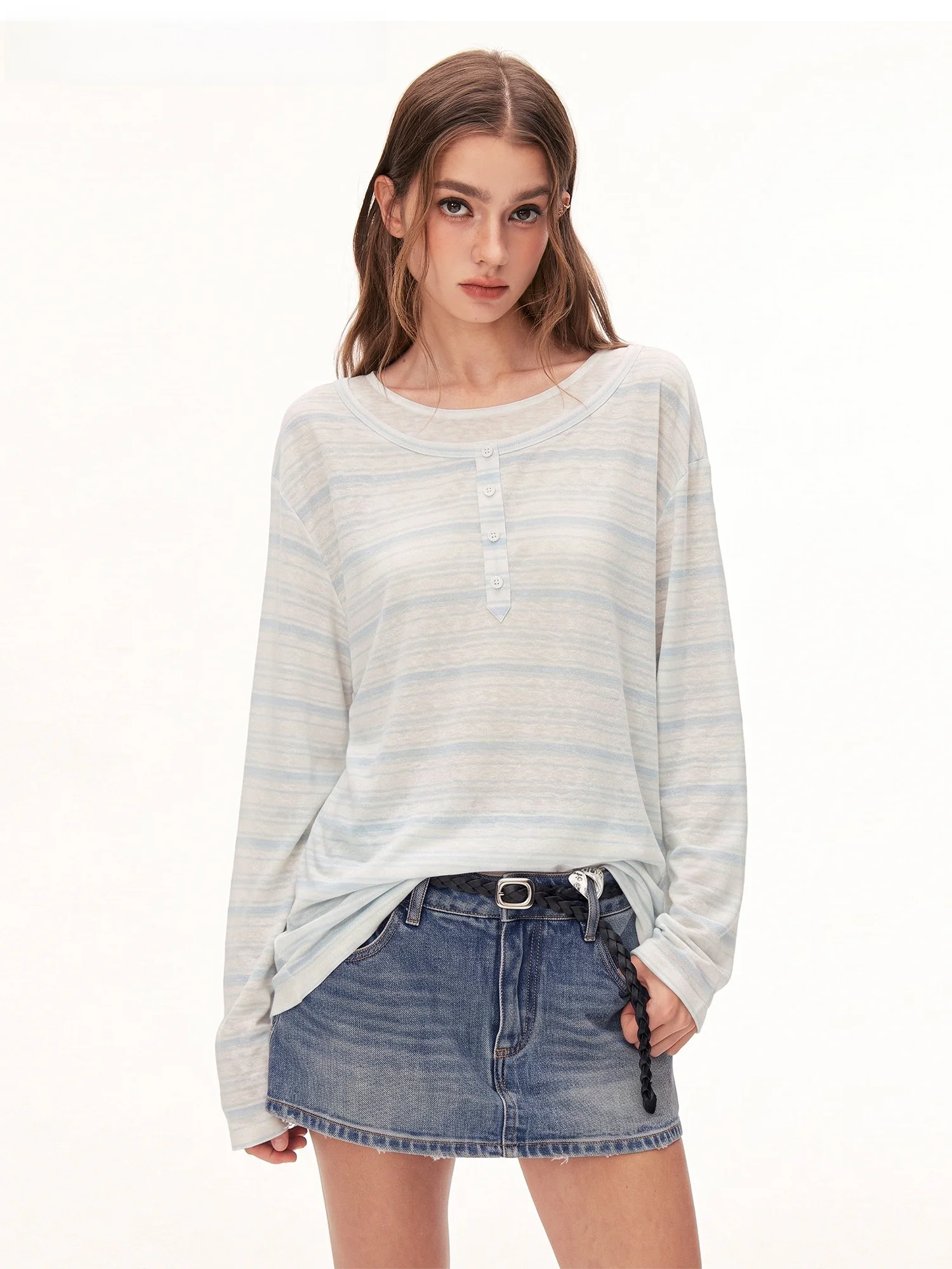 Burgenland Women's Long Sleeve T-Shirt Ruched Loose Fit Summer Casual Stripe Pattern UV Protection Breathable Comfortable