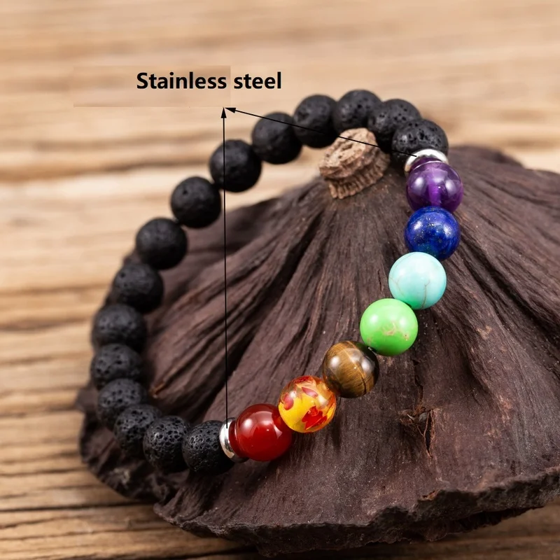 

10pcs 8mm Seven Chakras Black Lava DIY Essential Oil Diffuser Bracelet Stainless Steel Spacer Buddha Yoga Bracelet