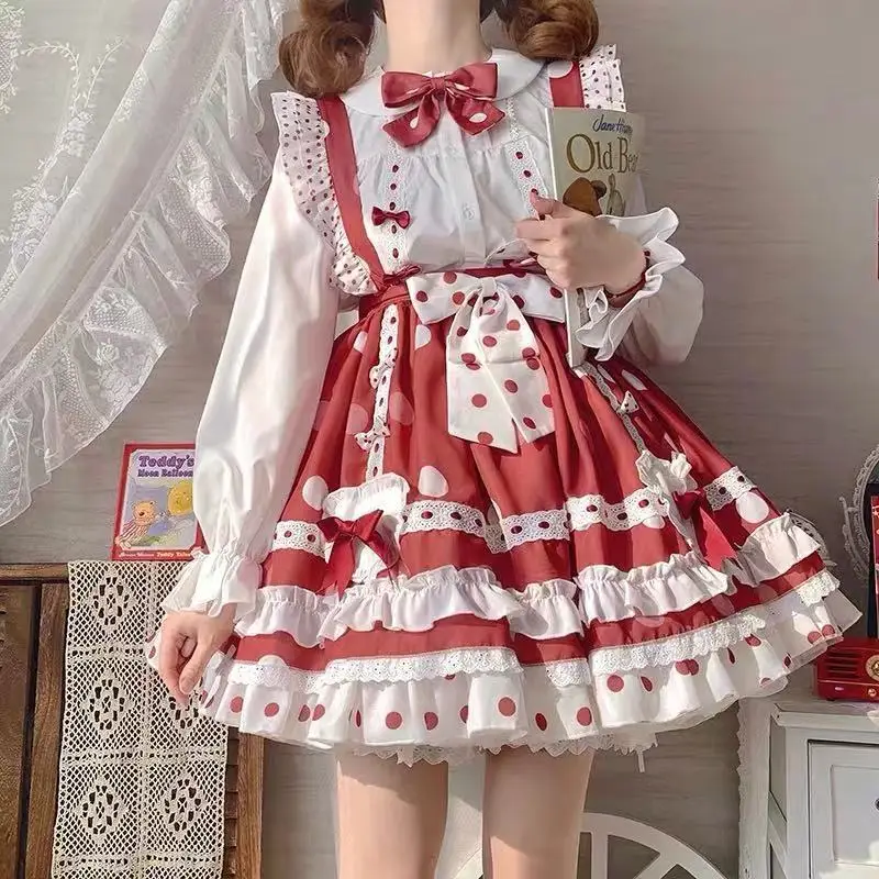 Princess Daily Lolita Skirt Daily Lolita Red Skirt Polka Dot Suspenders Light Lo Skirt High Waist Victorian Kawaii Girl Cos