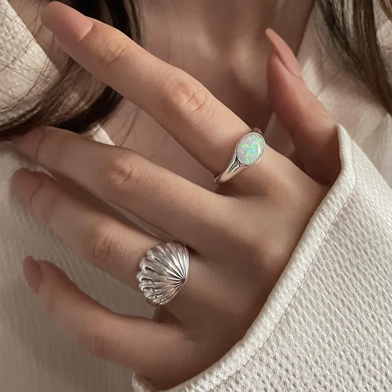 Shell Opal Stone Cuff Rings For Women Girl 2024 New Trend Fashion Vintage Jewelry Ladies Gift Party anillos mujer