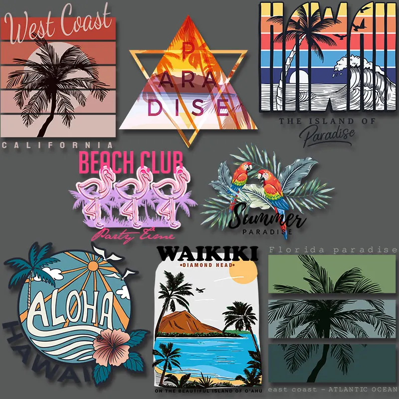 Florida Paradise East Coast-Atlantic Ocean West Coast California Beach Club Summer Paradise Iron Sticker for Clothing