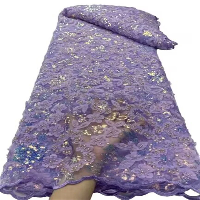 Tessuto di pizzo netto con paillettes francesi 2023 viola/oro tessuto di pizzo africano 3D di alta qualità ricamo nigeriano tessuto di pizzo per feste in Tulle