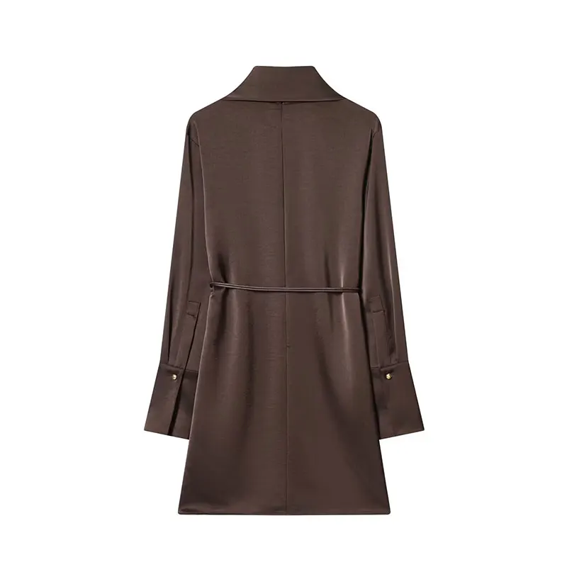 Nlzgmsj 2026 elegante elegante satén marrón bufanda cuello mujeres vestido de manga larga cinturón de moda decoración vestido de mujer