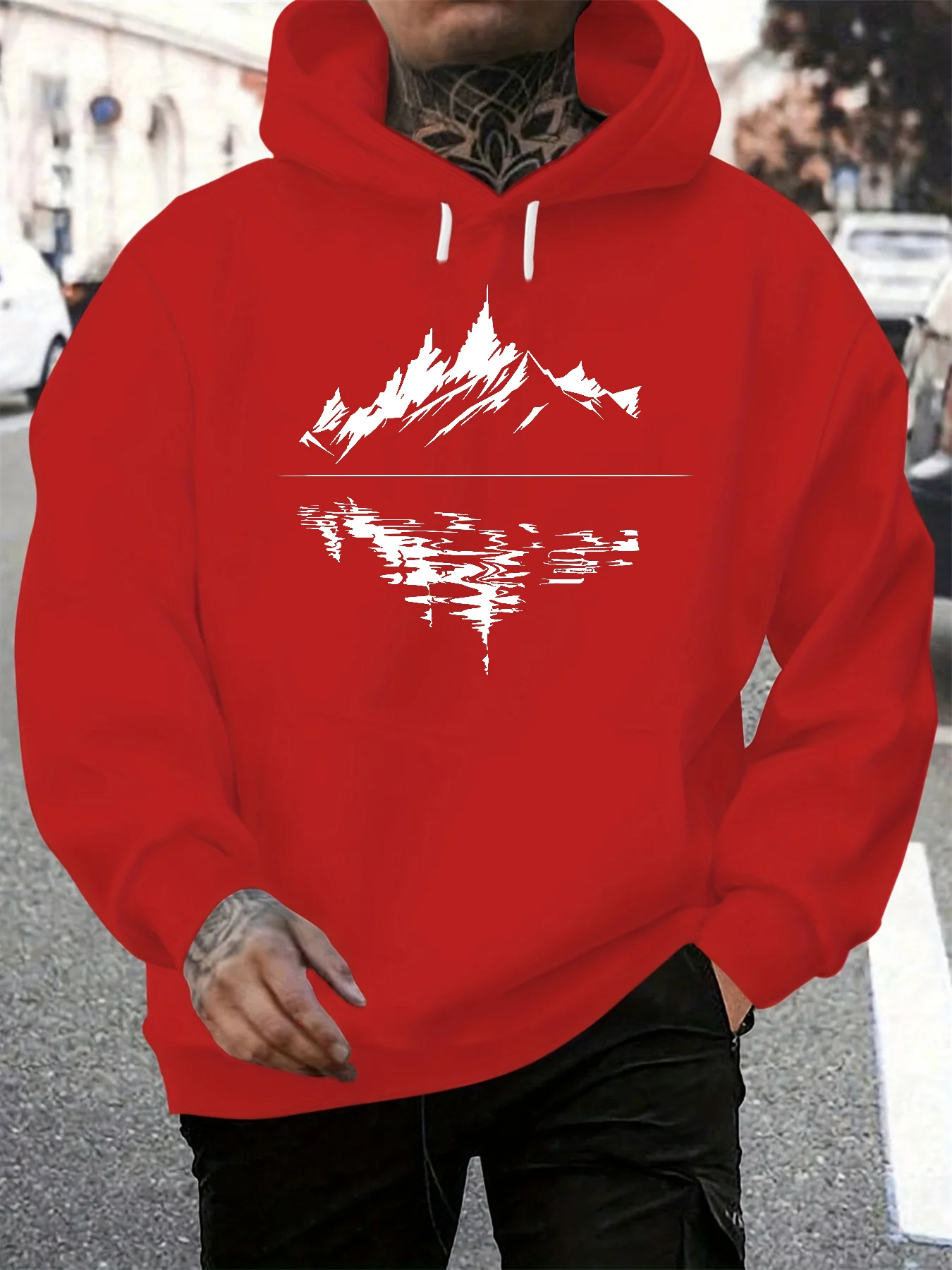 سترة رجالية كاجوال فضفاضة بغطاء للرأس للخريف والشتاء مع نمط انعكاس جبلي مطبوع بأكمام طويلة بلوفر دافئ #4