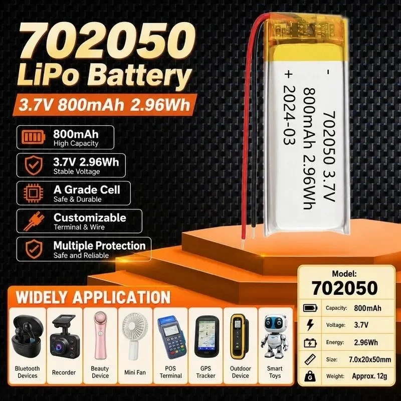 [New] 100pcs 702050 polymer lithium battery 800mAh water replenishment instrument small speaker reading pen rechargeable 3.7V