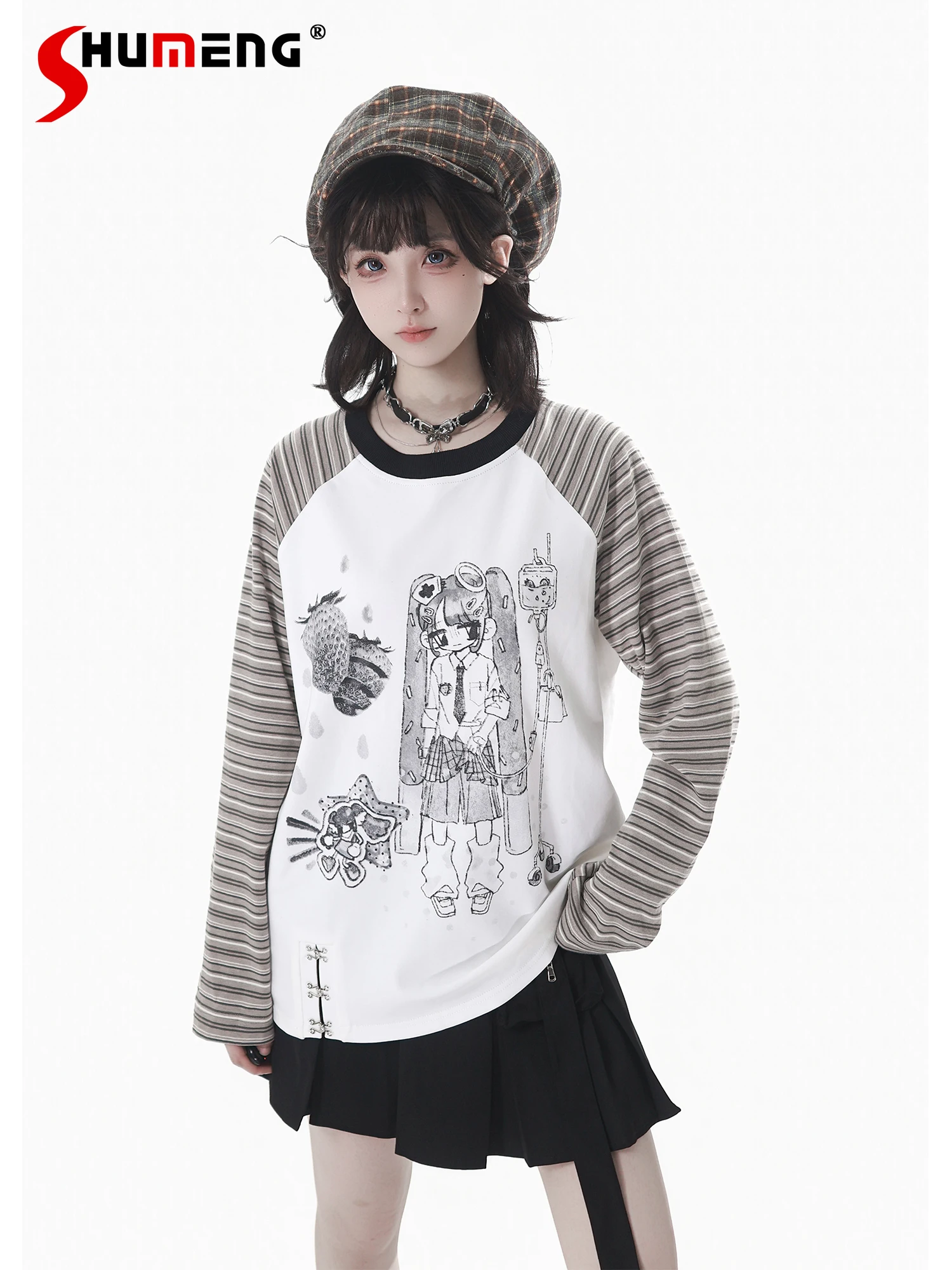

Original Japanese Cute Girl's Long Sleeve T-Shirt Spring Autumn Girl's Cartoon Print Round Neck Striped T-Shirt Student Y2K Top