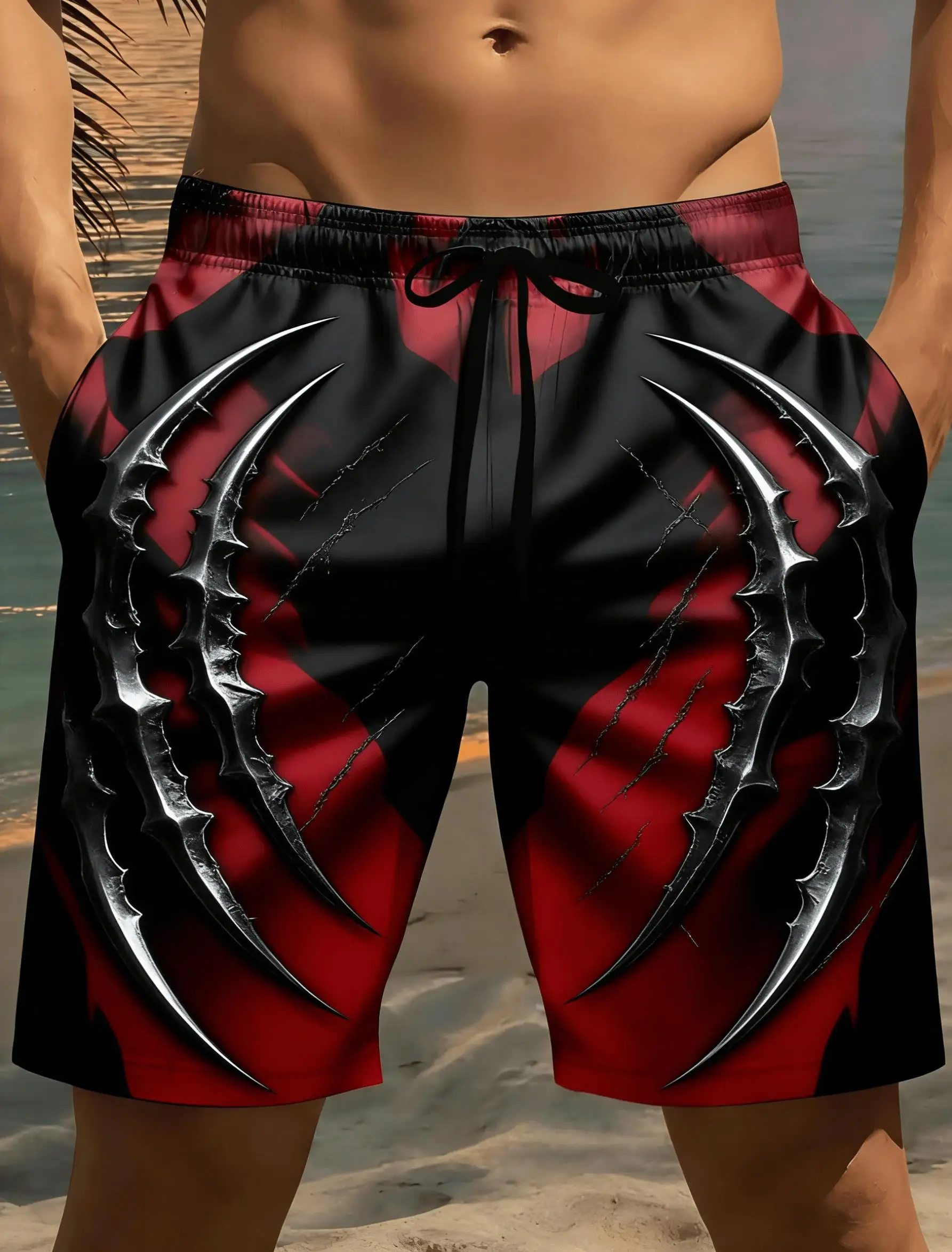 Men's Black-Red Color Block Metal Claw Print Drawstring Shorts, Spring Summer Dark Trend Casual Shorts, Loose Beach Shorts
