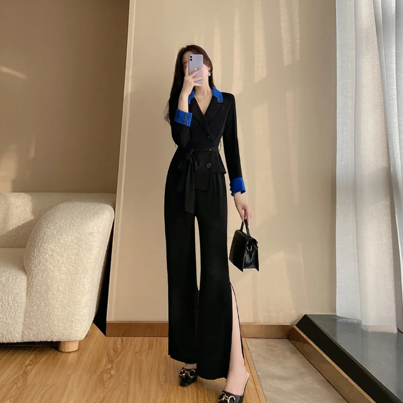 

Women's New Style Spliced POLO Collar Button Fashion Solid Color High-end Long-sleeved Wide-leg Jumpsuit