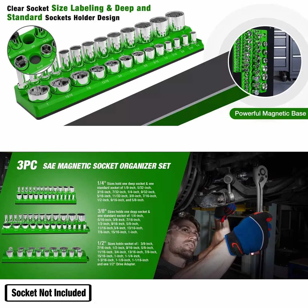 Profissional 3 peças suporte de soquete magnético 1/4 "3/8" 1/2 "polegadas unidade métrica/sae soquete organizador armazenamento kit ferramentas instalação