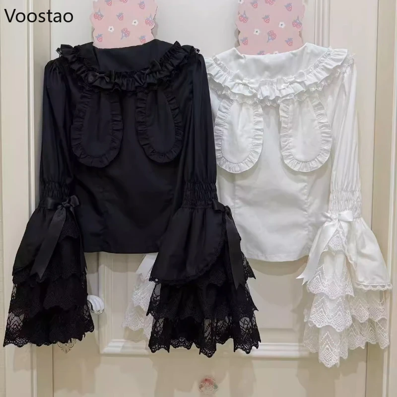 Japonês doce estilo lolita blusas femininas bonito rendas peter pan colarinho arco alargamento manga longa camisas góticas feminino kawaii y2k topos