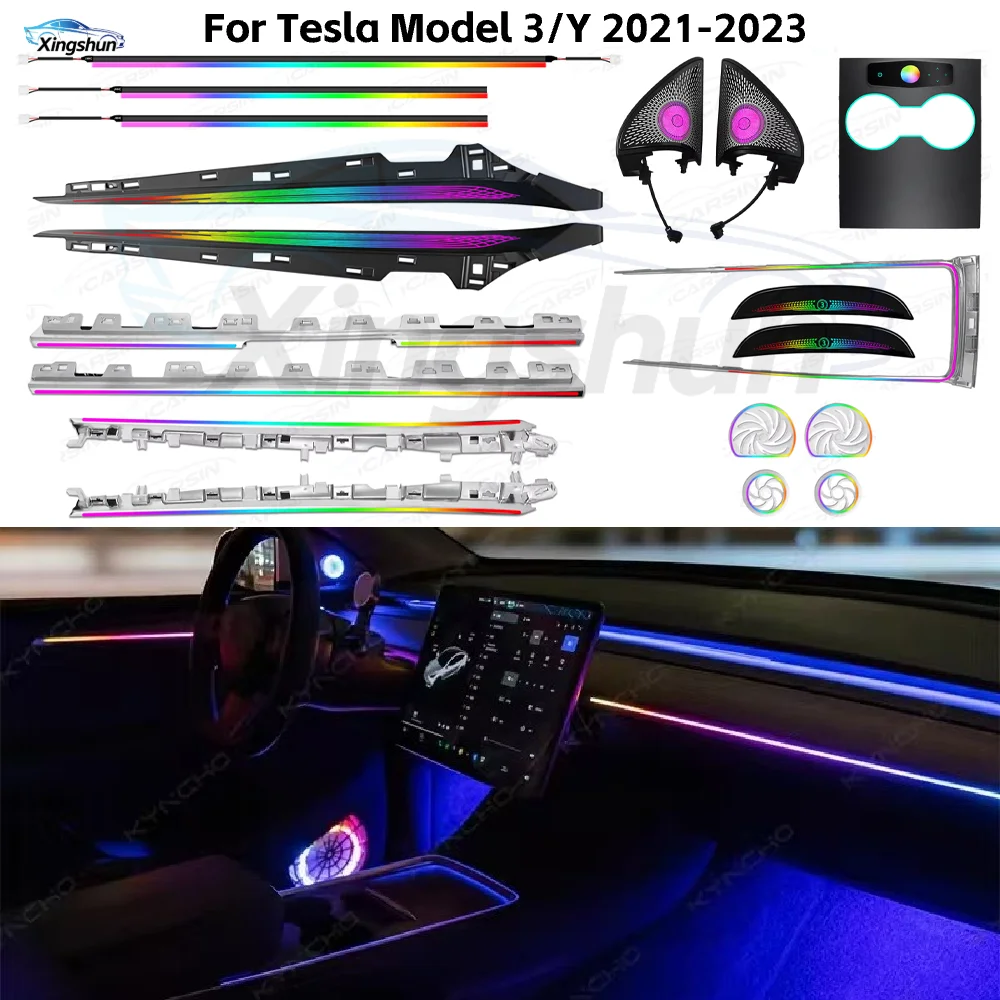 

Обновленная 256-цветная симфоническая светодиодная подсветка салона автомобиля для Tesla Model 3/Y 2019-2023: Атмосферная световая лента