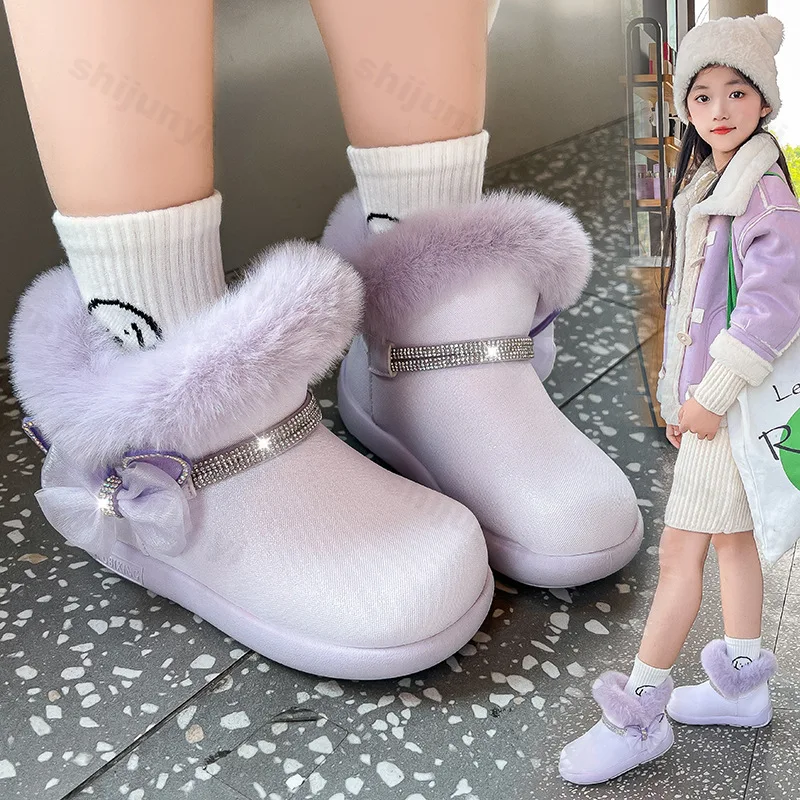 

Girls Snow Boots 2025 Winter Furry Cotton Boots Children Warm Outdoor Kids Fashion Plush Non-slip Ankle Boots Princess Shoes