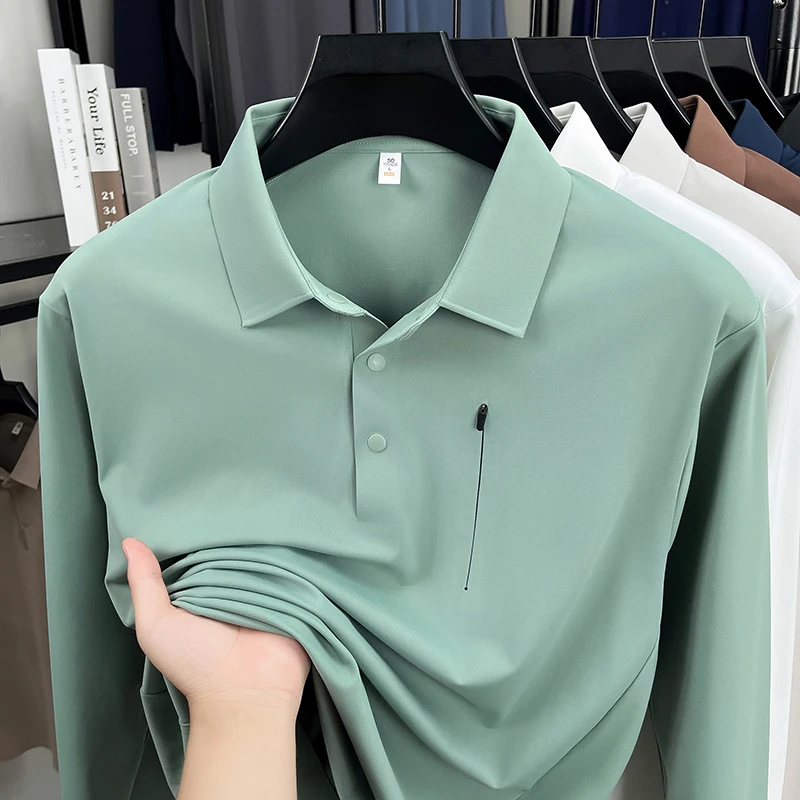 

High quality solid color long sleeve polo shirt fashion personality zipper decoration lapel T-shirt autumn new casual men's wear