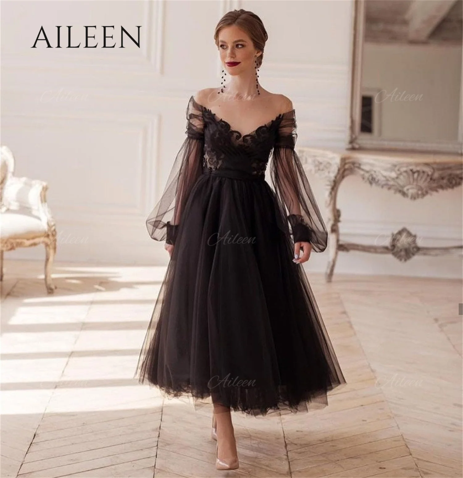 

Aileen Puff Sleeves Black Cocktail Dress Lace Prom Dresses 2024 Luxury Gown Luxurious Turkish Evening Gowns Sharon Said Formal