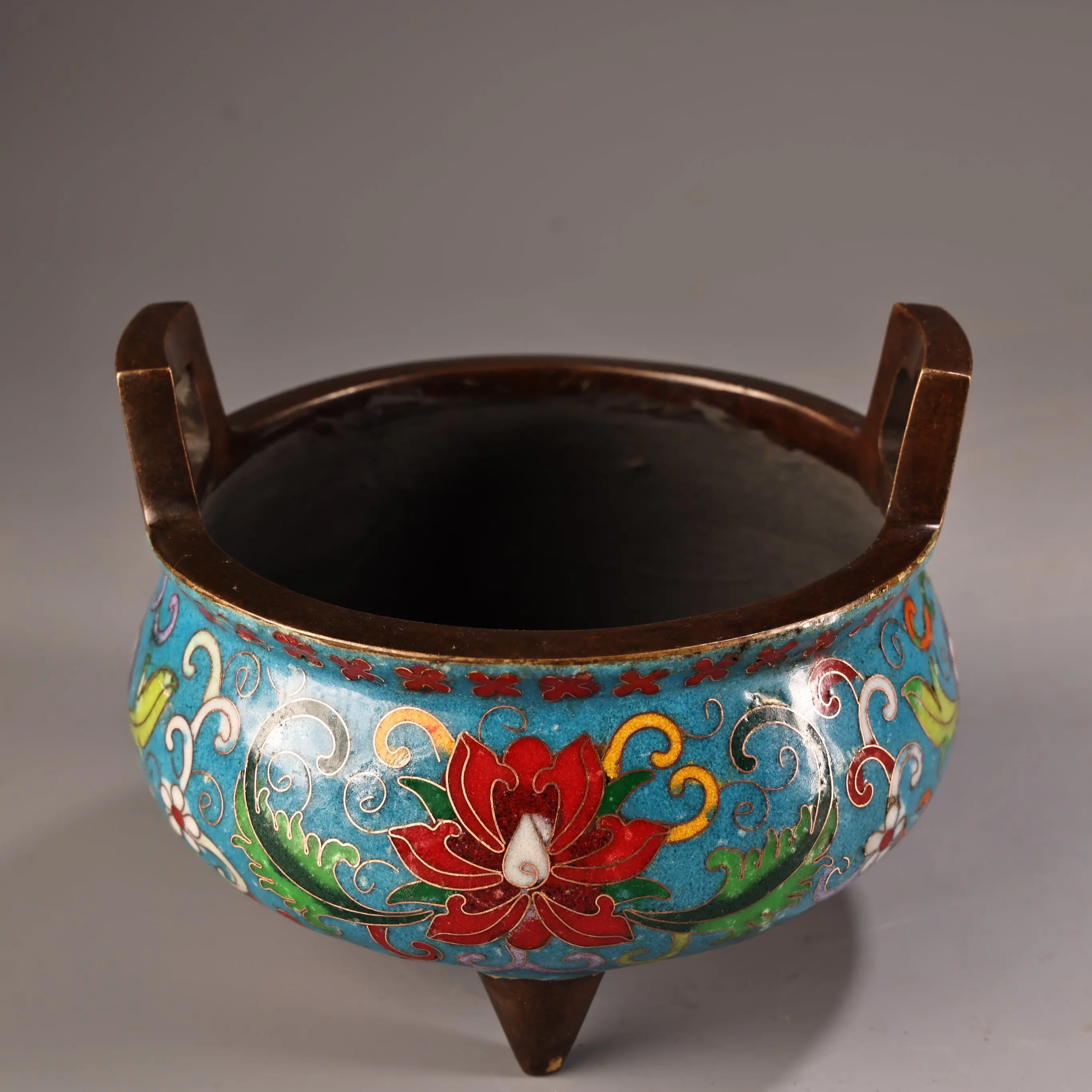Bronze Cloisonne Enamel floral pattern Double ear pounding three foot incense burner Amass wealth Ornaments Worship Hall