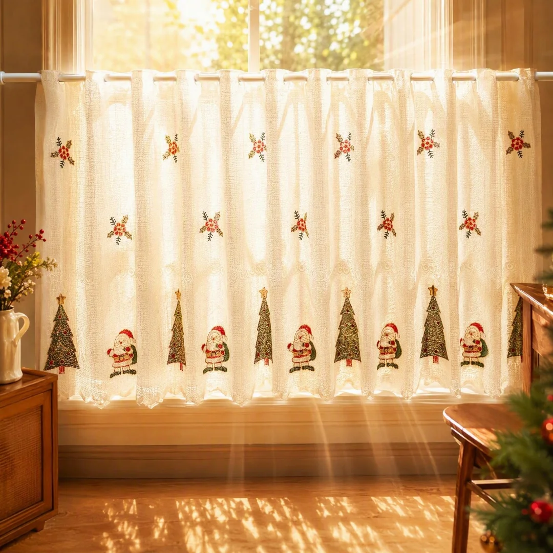 Santa Claus coffee short curtain, double-row lace decorative short curtain without punching, retro American cabinet curtain,