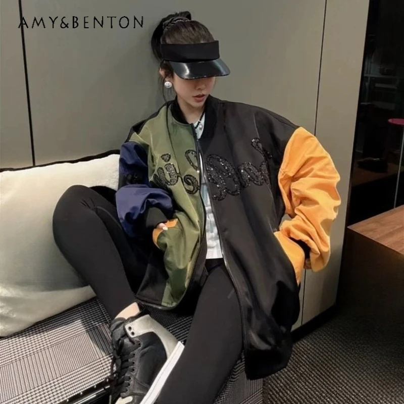 

Sweet Cute Y2k Stand Collar Loose Oversized Cartoon Patch Sequin Loose Baseball Jacket Autumn Winter Cotton Coat Outerwear Women