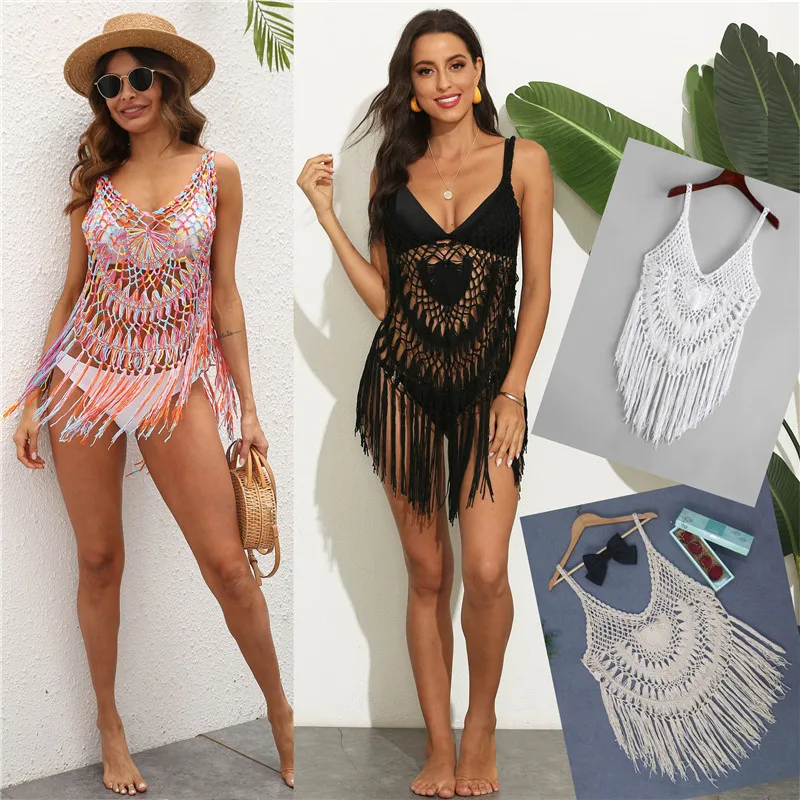 Sexy Mini Beach Dress Knitted Fringe Coverup White Woman Pareo Verano on The Sea Black 2022 Women\'s Tunic Summer Ladies Cover Up