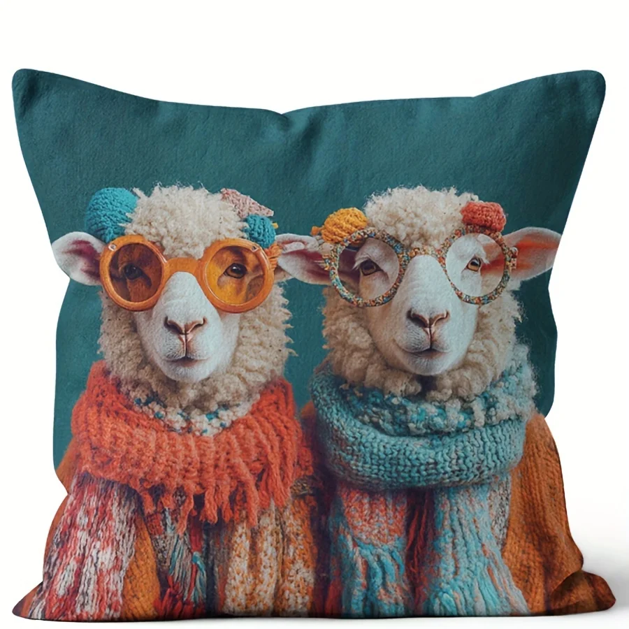 Fashionable Sheep with Glasses and Scarves Print Pillowcase -Home Decor,for Living Room and Bedroom,Ideal Gift for Animal Lovers