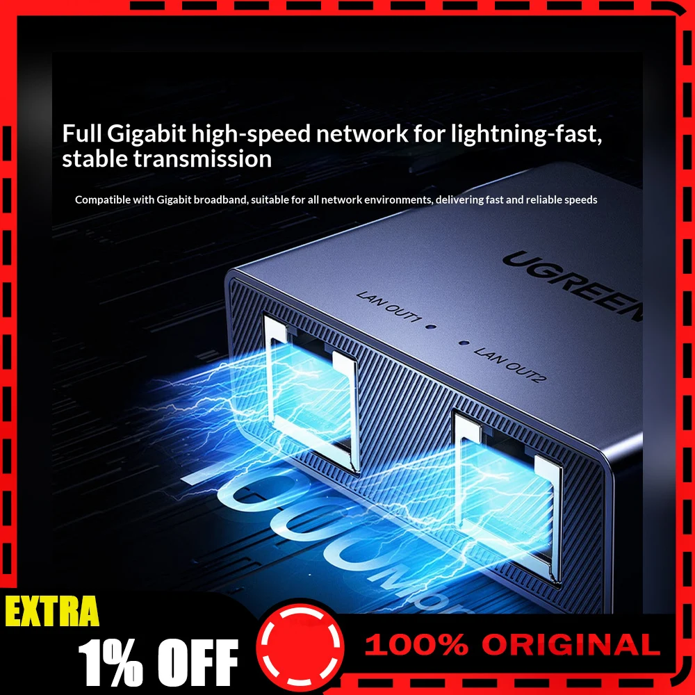 UGREEN 35598 NW301 Gigabit Ethernet Splitter 1 In 2 Out RJ45 Network Switch Adapter for Two Devices