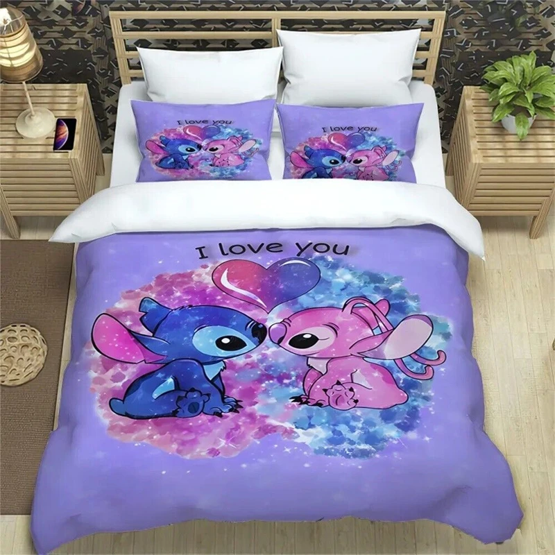 Ensemble de literie dessin animé Stitch pour enfants et adultes, housse de couette, taie d\'oreiller, lit double, cadeau pour fille, décoration de