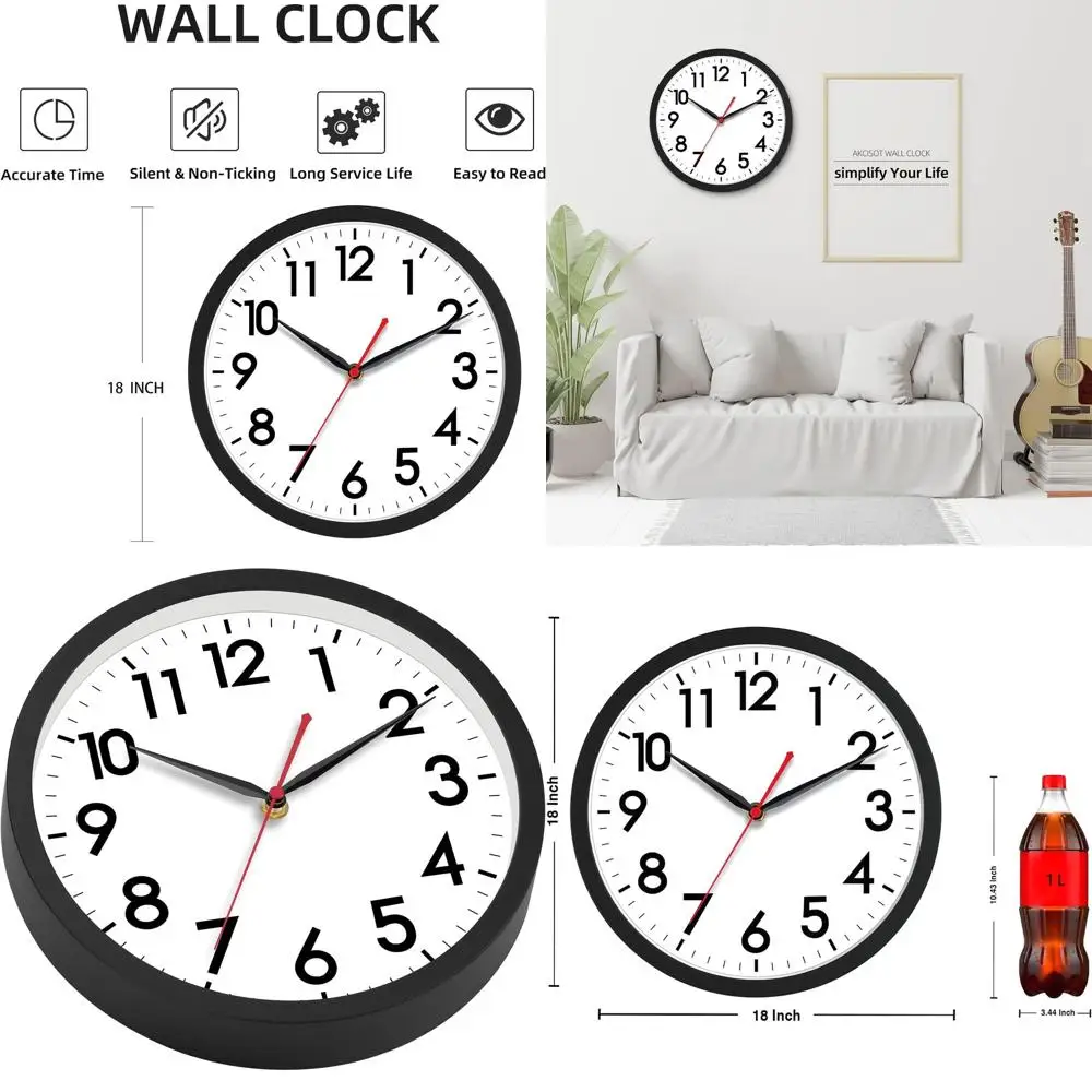 

18 Inch Silent Battery-Powered Wall Clock - Elegant Analog Timepiece for Home, Office, and School (Black)