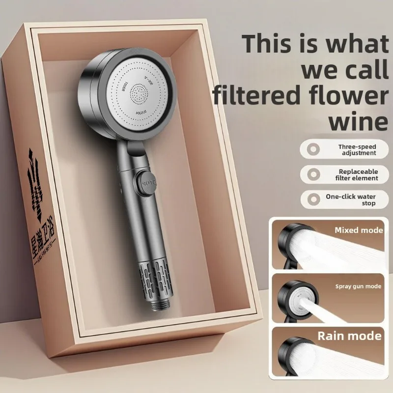 Shower head, pressurized filter element, handheld top spray, gear shift showerhead, bathroom shower artifact