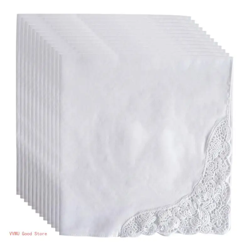 12 Articles Fiary White Lace Handkerchief Pocket Handkerchief Cotton Hankies Lacy Bandana High Absorbency Pocket Towel