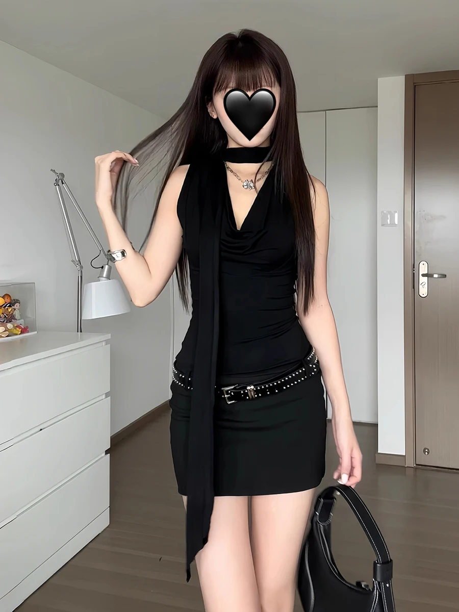 ReddaChic Women Sexy Black Modal Tank Dress Solid Scarf Cowl Neck Sleeveless Stretchy Bodycon Mini Dress Sexy Night Clubwear