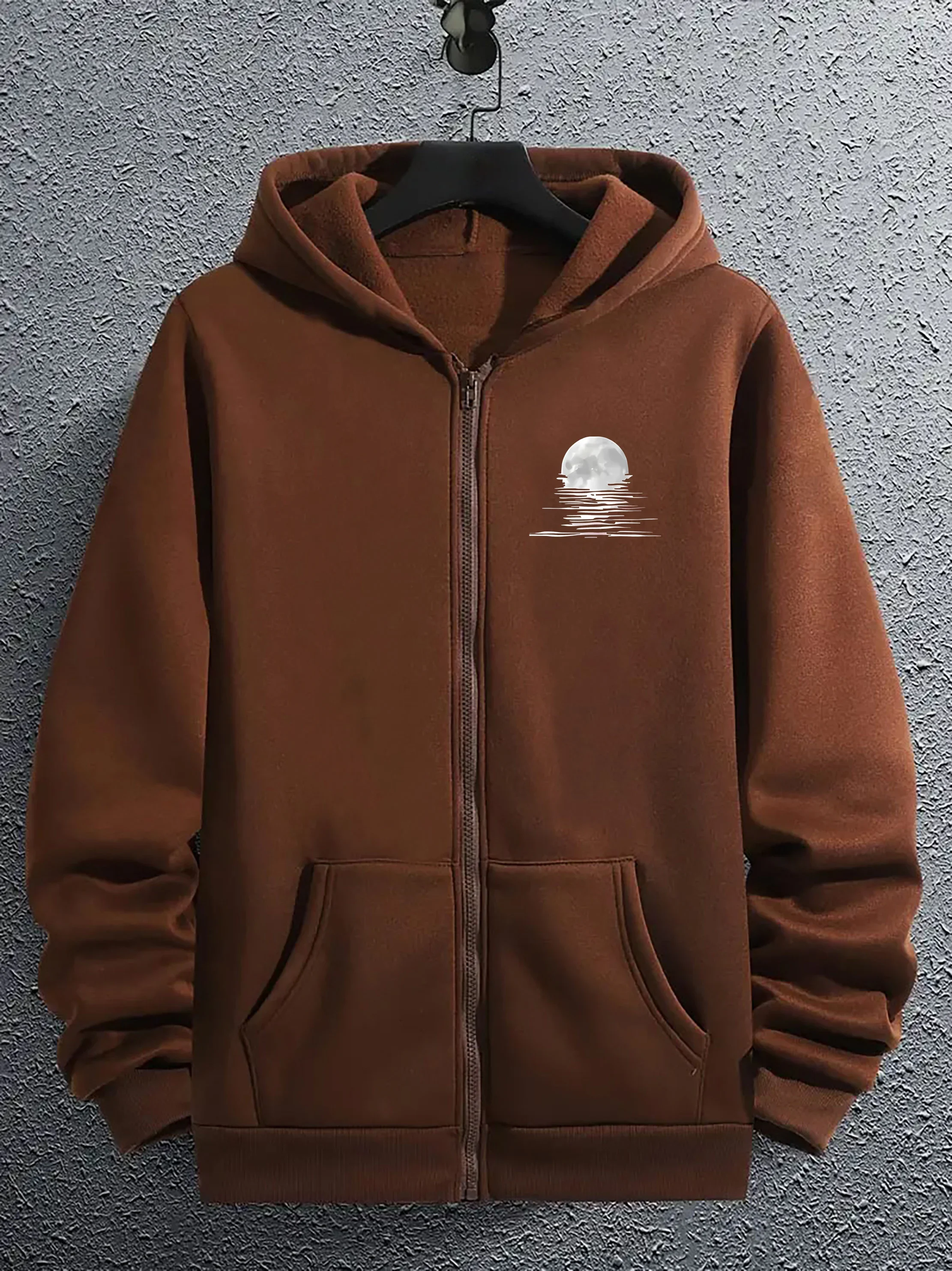 Men's and women's long sleeved loose zip hoodie with moon and reflection pattern print, warm and comfortable fabric