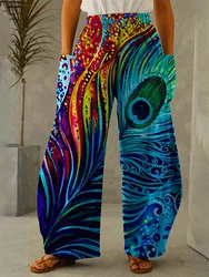 Pantalones de pierna ancha de longitud completa con plumas de pavo real, estampado 3D completo, moda Hipster fina, ropa de calle de verano, pantalones de chándal, ropa de mujer