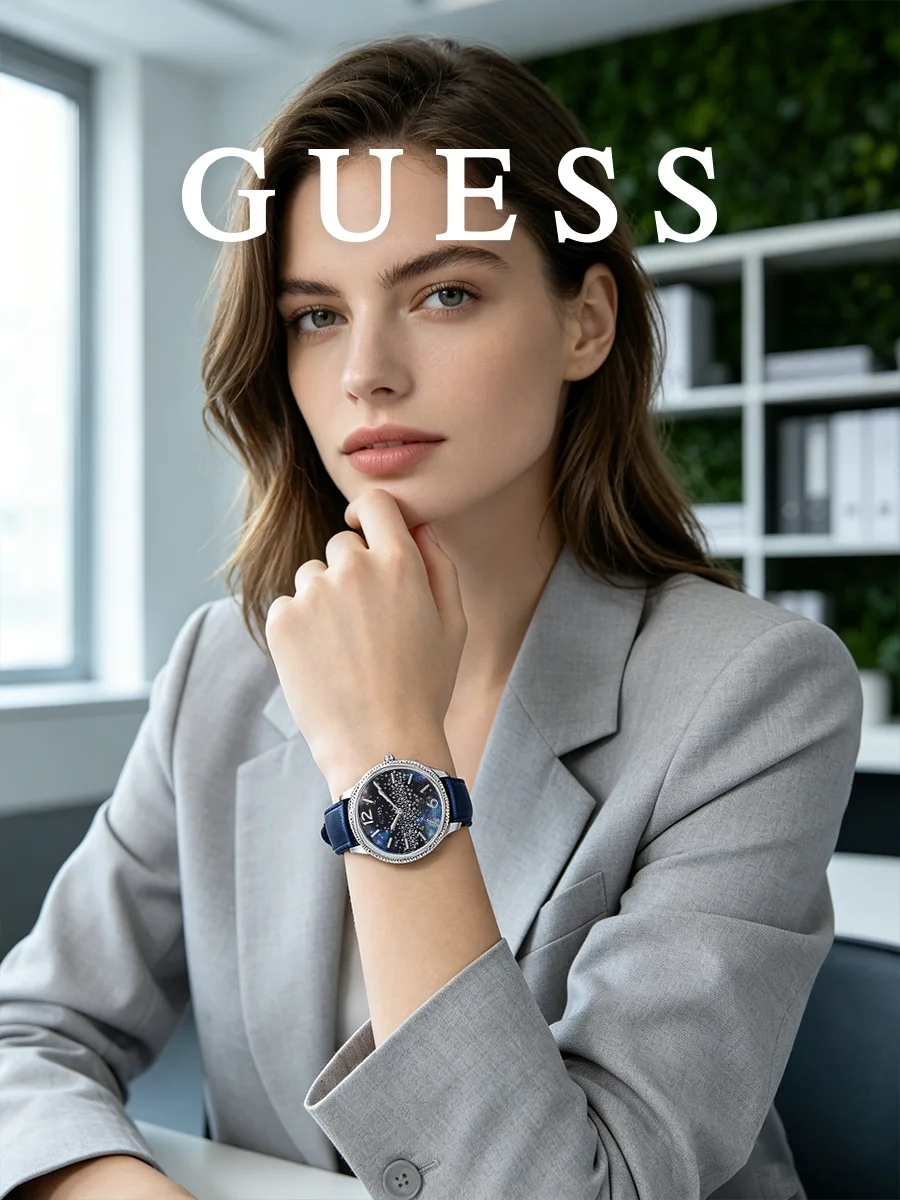 Guess Women's Watch Blue Leather Strap Analog Quartz Wristwatch Starry Sky Dial Rhinestone Bezel Accessory for Party Wear Gift
