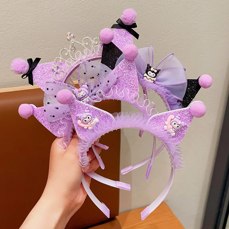 Sanrio Kawaii Kuromi Purple Headbands Anime Figure Mesh Bow Girls Hairband Babies Birthday Party Hair Accessories Cosplay Gifts