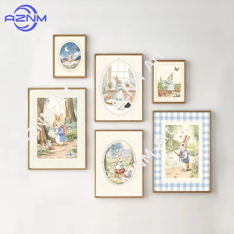 1 Stück Vintage Boho Blau Kariertes Hasen-Inspiriertes Kunstposter Babyzimmer Schlafzimmer Kinderzimmer Feldtier Dekorative Leinwandmalerei