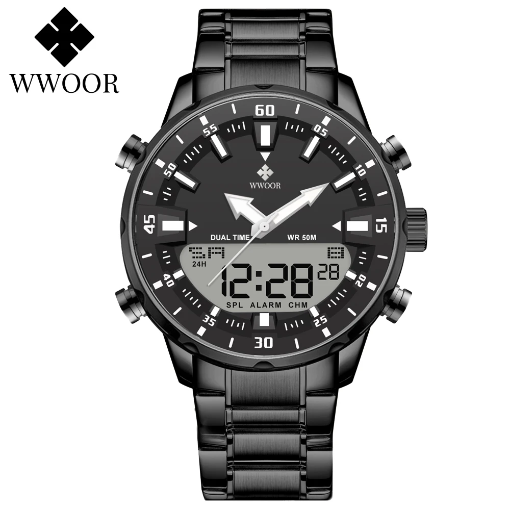 

WWOOR Fashion Men's Watches Luxury Original Quartz Digital Analog Sport Military Wrist Watch For Man Waterproof Steel Male Clock