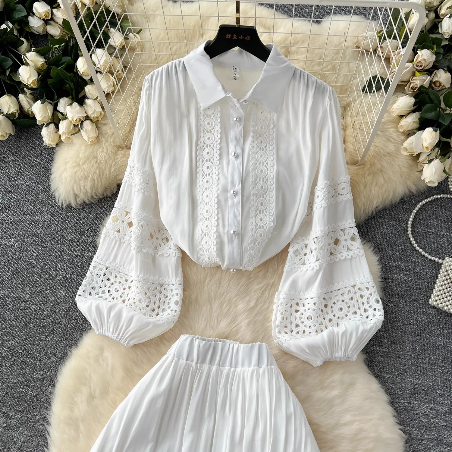 Vintage Embroidery Two Piece Set Women Long Sleeve Hollow Out Lace Blouses + High Elastic Waist Long Skirts Suit Female Outfits