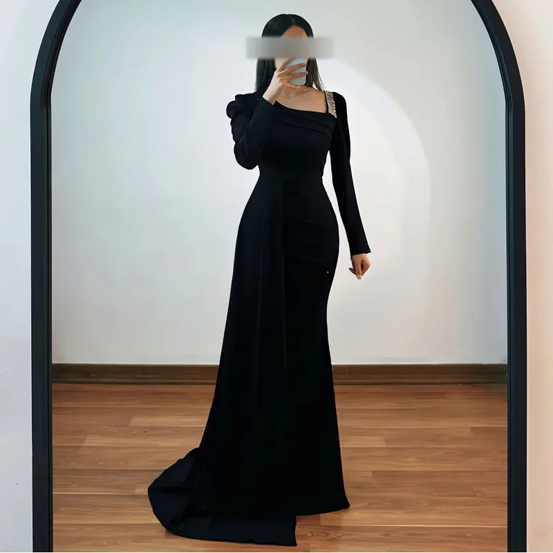 

Indie Customized Elegant Black Prom Gown Women's V Neck Beaded Party Evening Dress Floor Length Special Occasion Dresses 2025