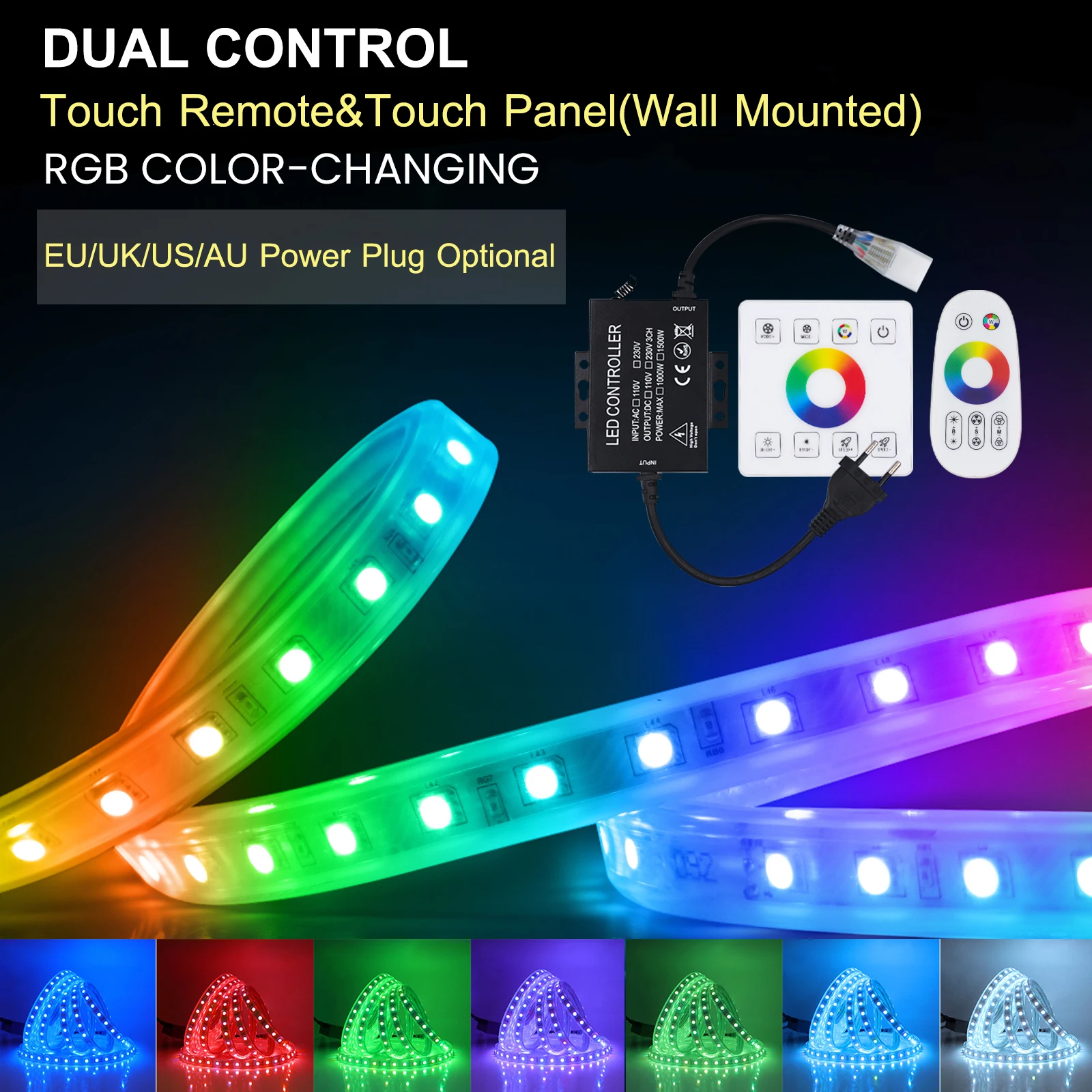 Imagem -02 - Rgb Levou Luz Tira 5050 Controle Duplo Toque de Controle Remoto Painel Montado na Parede Ac110v 220v Lâmpada Impermeável para Decoração do Quarto Jardim Diy