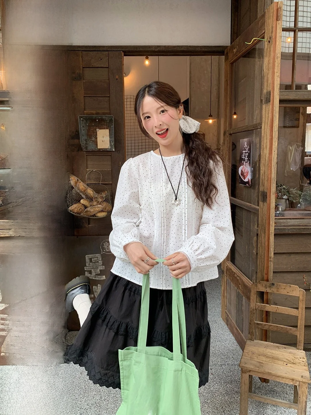 

Роскошная кружевная рубашка в горошек с длинным рукавом, свободная, для ношения под одеждой, в винтажном корейском стиле, дышащая, хлопковая, с круглым вырезом, пуловер для молодежи