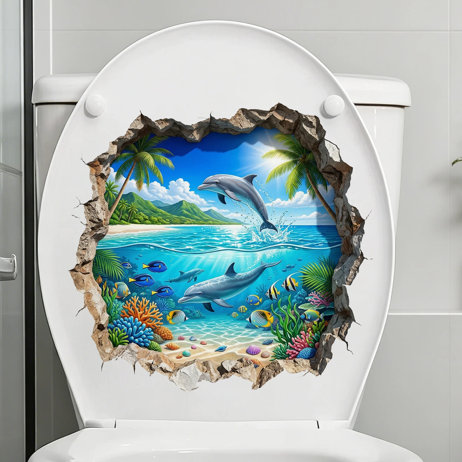Tropical Ocean Wall Decal, Underwater Dolphin & Coral Scene Breaking Through Wall Vinyl Sticker