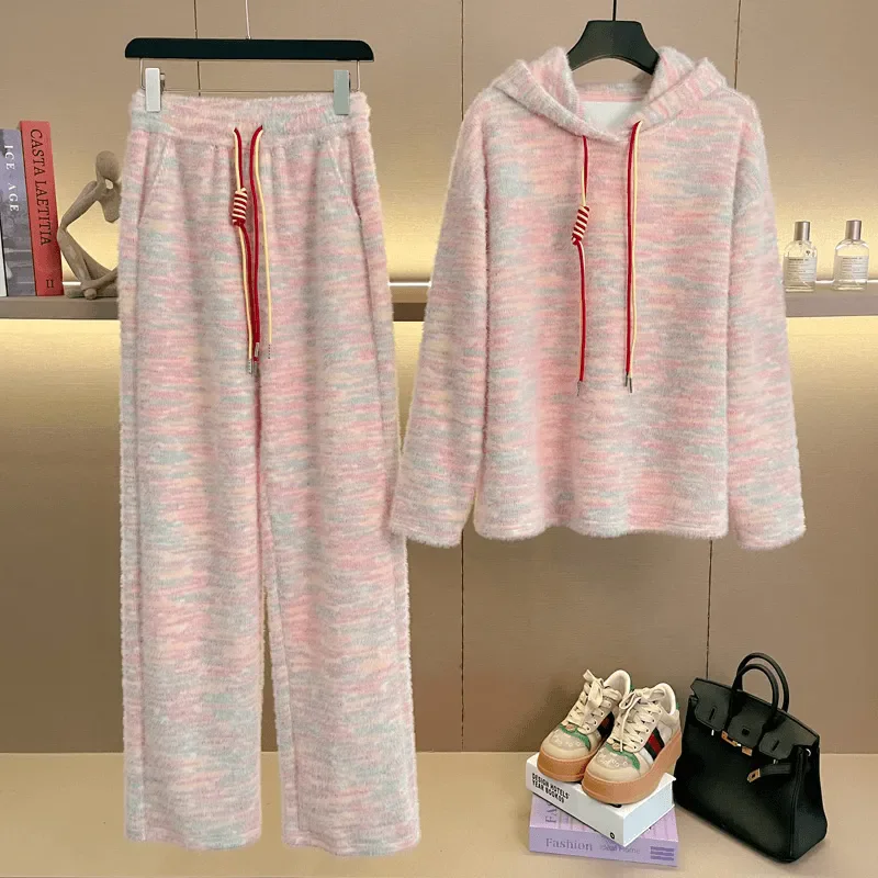 

Fashion Leisure Sports Suit Women's 2025 Autumn Winter New Chic Drawstring Hooded Sweatshirt Wide-Leg Pants Two-Piece Suit