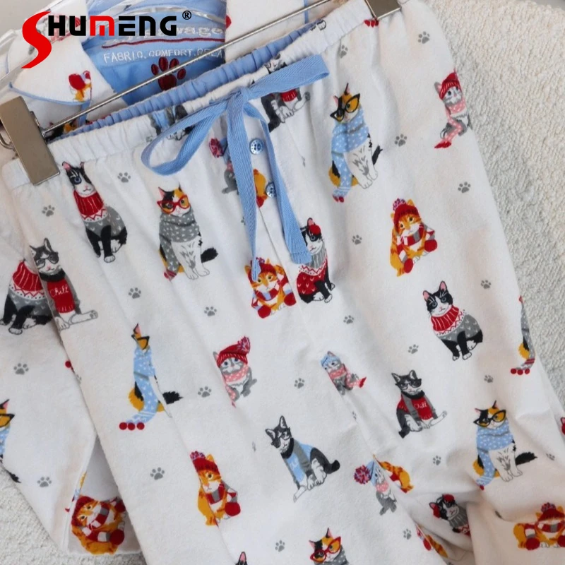 Lange Hosen Homewear Set für Frauen Herbst Winter Cartoon Print Warme Schlaf Anzüge Weibliche Reine Baumwolle Baumwolle Pyjamas Outfits