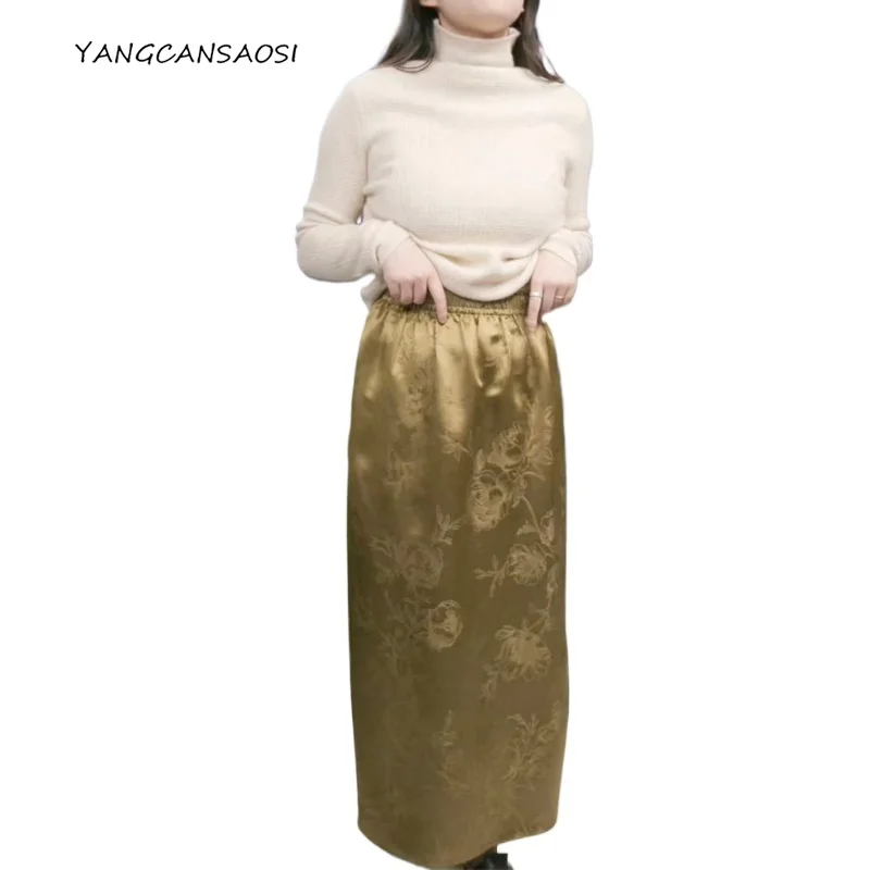 

Женская мода Золотой пион с эластичной резинкой на талии, глянцевая 100% натуральный шелковый шелк, жаккардовая гамма, гангдунская газовая юбка с разрезом