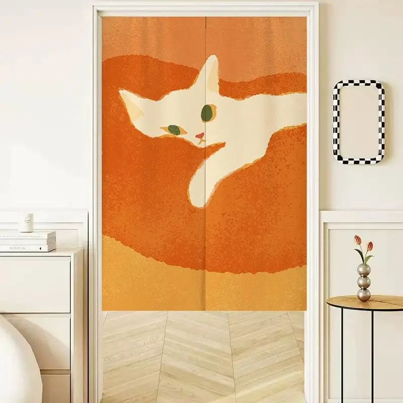 Minimalist Cat Print Noren Door Curtain - Cute Animal Art Kitchen Bedroom Half Length Privacy Drape