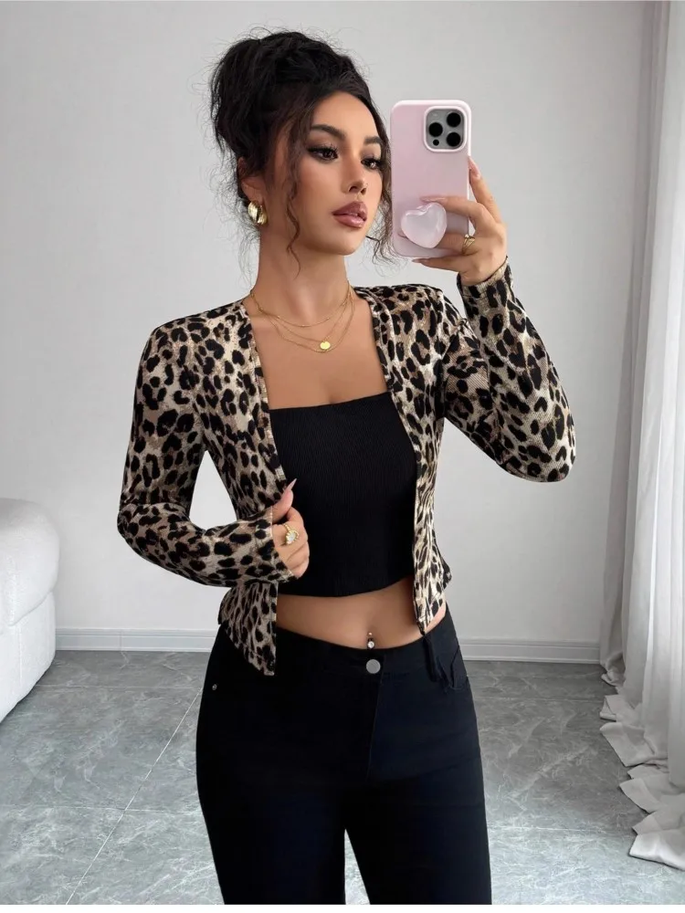 

2025 Autumn Spring New In Matching Sets Cardigan T Shirt Tees Vest Casual Two Piece Outfits Slim Leopard Print Fashion Commuting