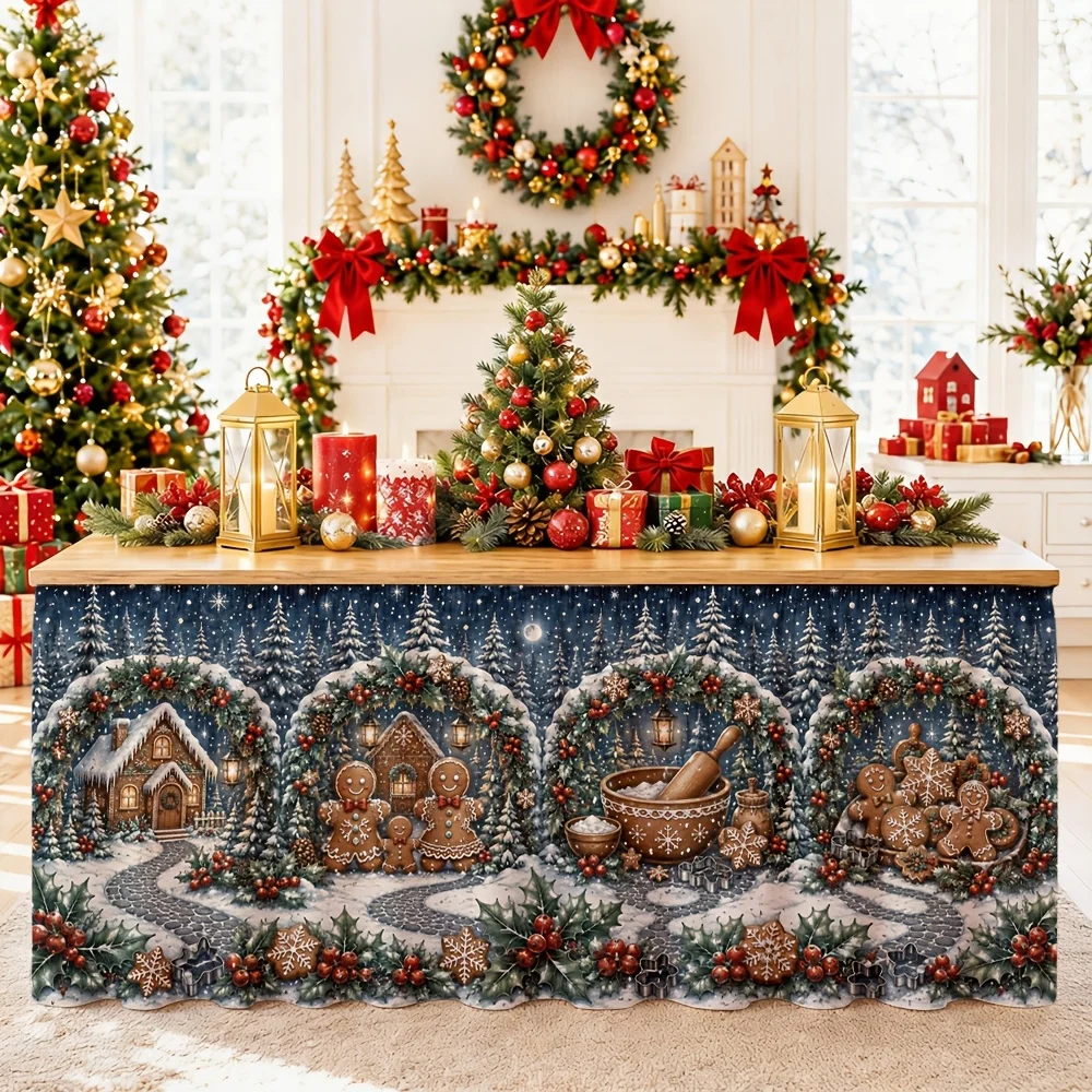 Send a tablecloth table skirt 1 piece, Christmas winter wonderland, snow pine holly berries, festive decoration polyester